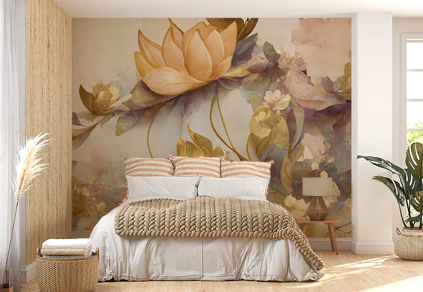 کاغذ دیواری اتاق خواب عروس و داماد طرح گل های طلایی